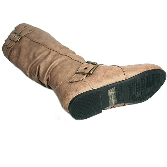 Top Moda Taupe Slouch Mid-Calf Boots – Round Toe Buckle Detail Flat Heel Casual - Picture 7 of 7